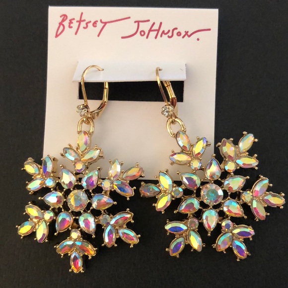 Betsey Johnson Gold Tone Snowflake Drop Earrings Iridescent Crystal Accents NWT - Picture 8 of 13